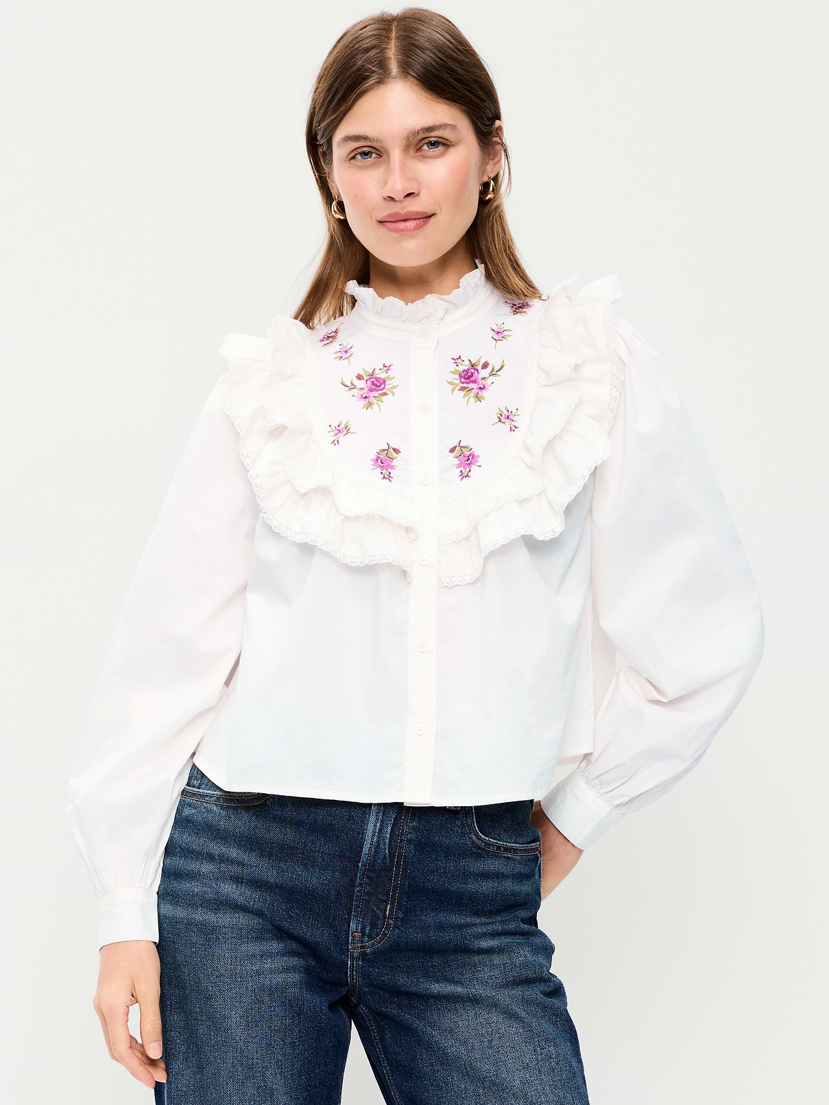 Long-Sleeve Embroidered Ruffle-Trim Button-Front Top
