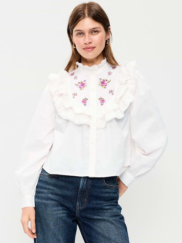 Long-Sleeve Embroidered Ruffle-Trim Button-Front Top