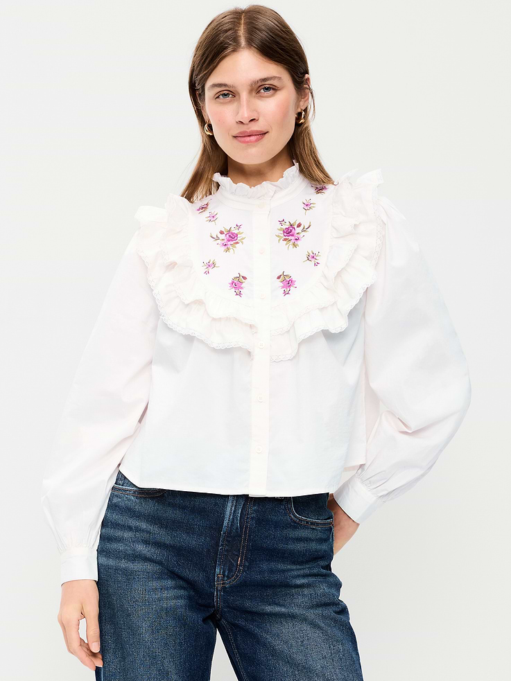 Image 1 of 6, high ruffled neck, long sleeves, layered ruffled trim along shoulders and chest, embroidered detail at front, button front, Product #1188718
