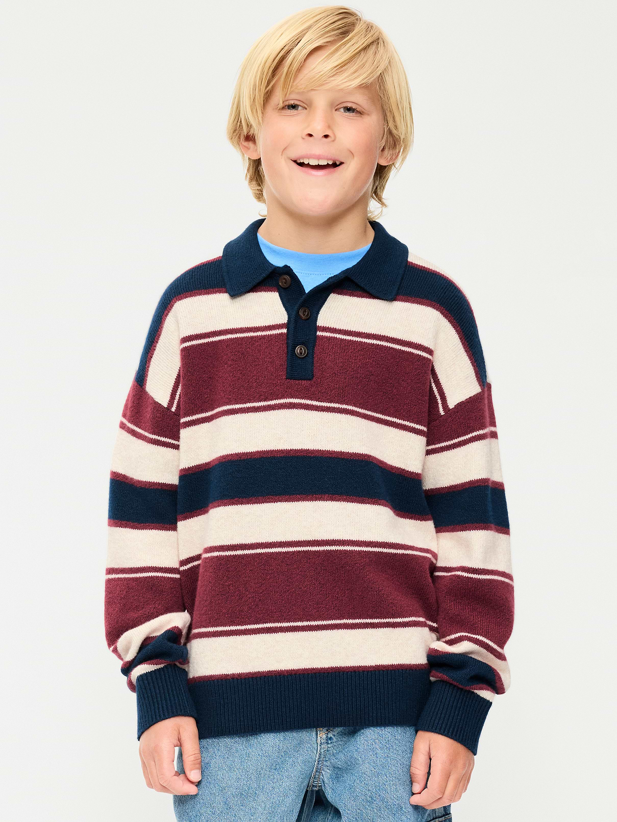 Image number 1 showing, SoSoft Oversized Collared Striped Sweater for Boys