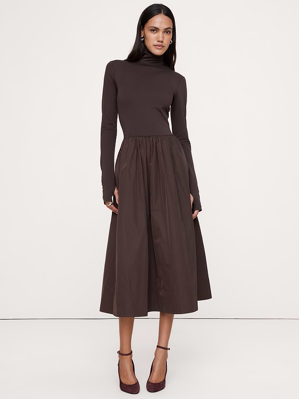 Jersey + Taffeta Turtleneck Maxi Dress
