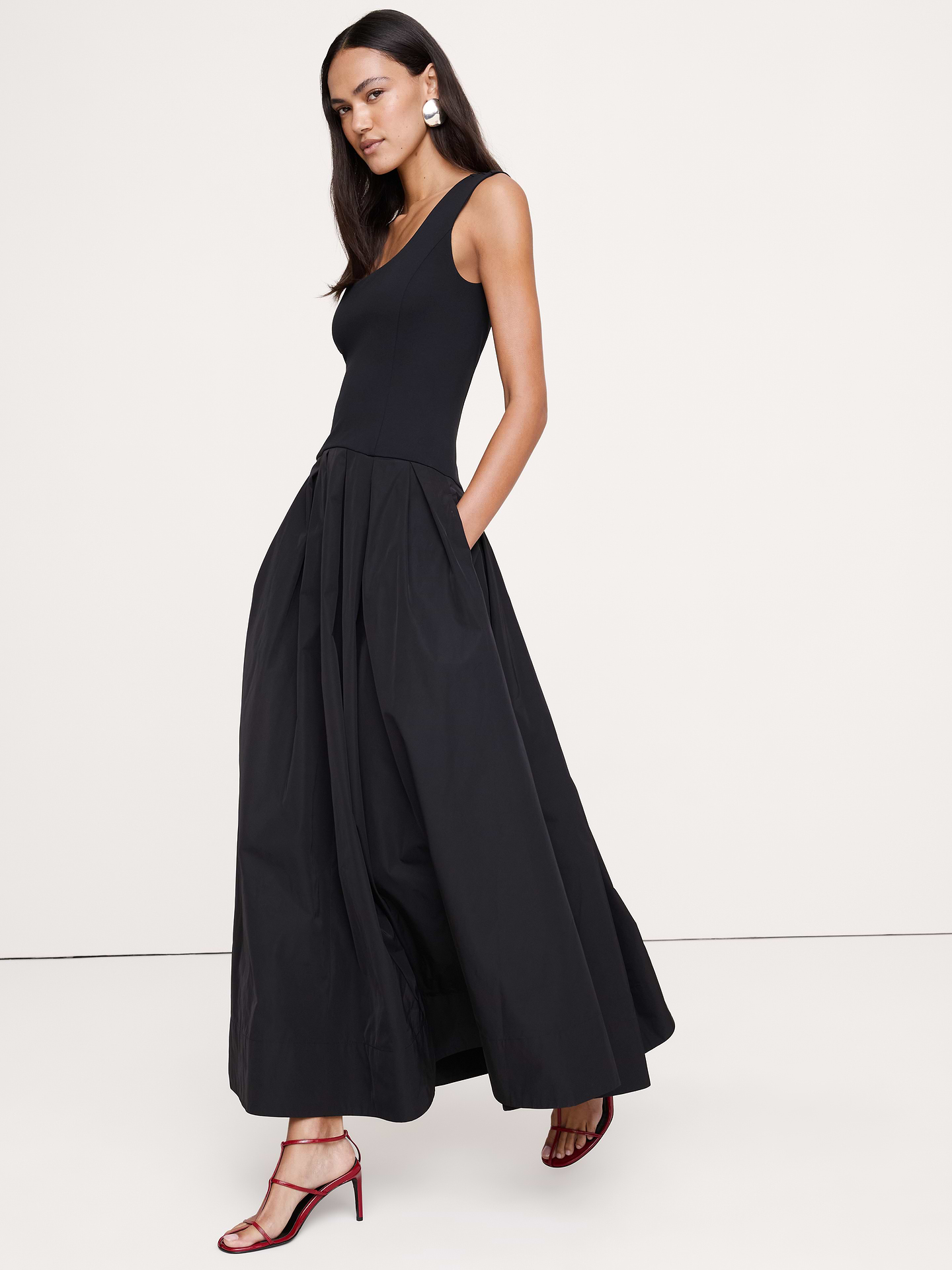 Image 4 de 4, Robe longue taille basse en jersey et taffetas