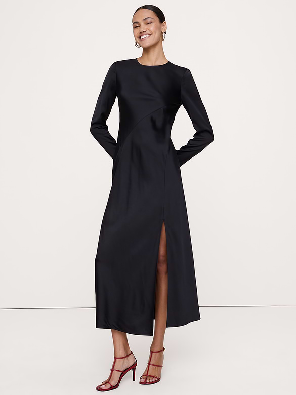 Bias-Cut Stretch-Satin Maxi Dress with Slit
