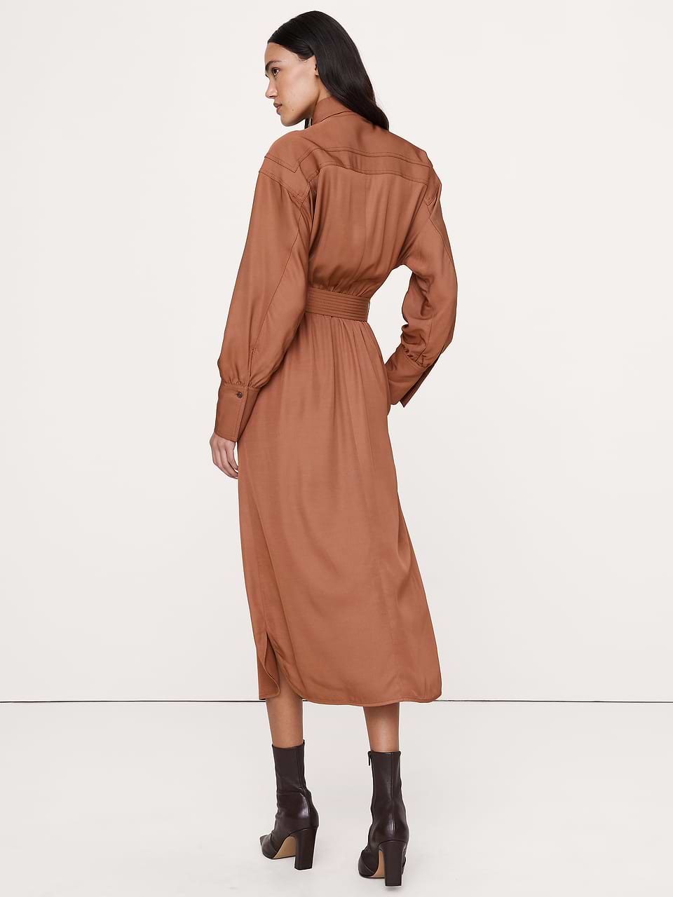 Banana Republic Women's Viscose Midi Shirt Dress Burnt Cinnamon Brown Petite Size M