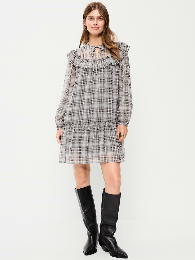 Image 1 of 9, tie-front neck, ruffle yoke, long blouson sleeves, elasticized cuffs, drop-waist skirt, Product #1188711