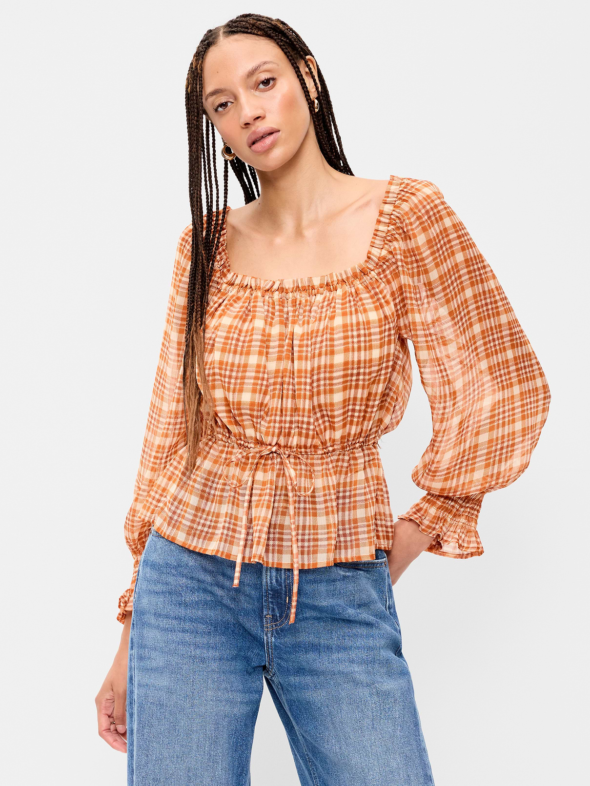Square-Neck Ruffle-Trimmed Peplum Top