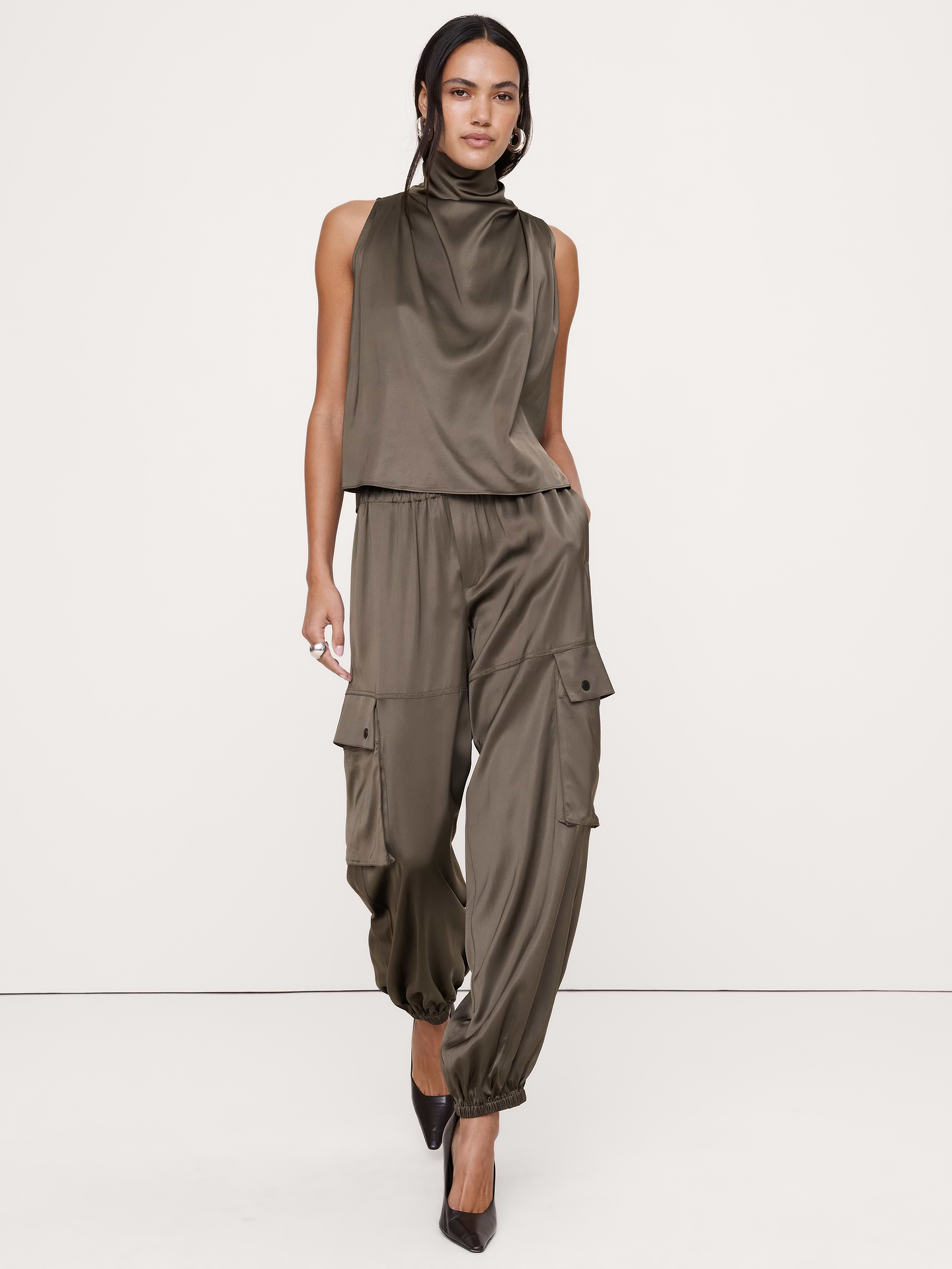 Image 2 of 5, Satin-Stretch Tie-Neck Top