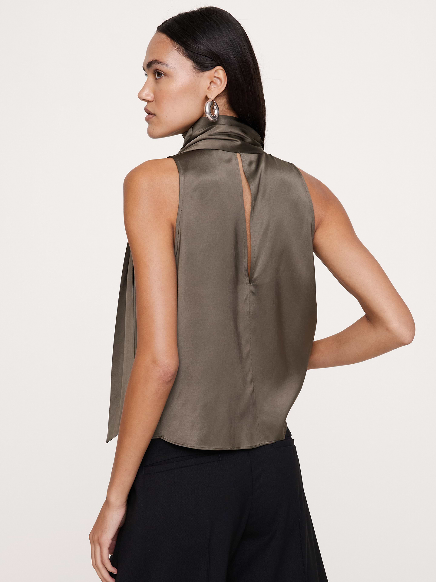 Image 3 of 5, Satin-Stretch Tie-Neck Top
