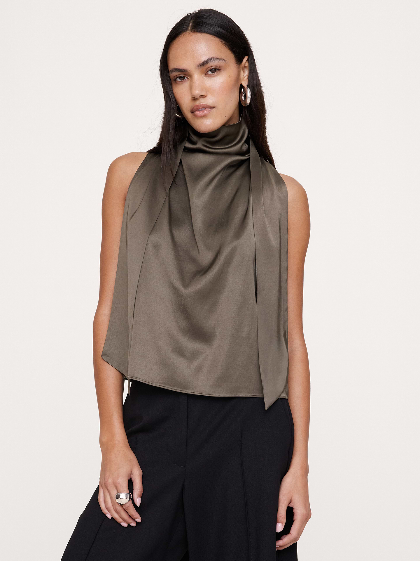 Image 4 of 5, Satin-Stretch Tie-Neck Top