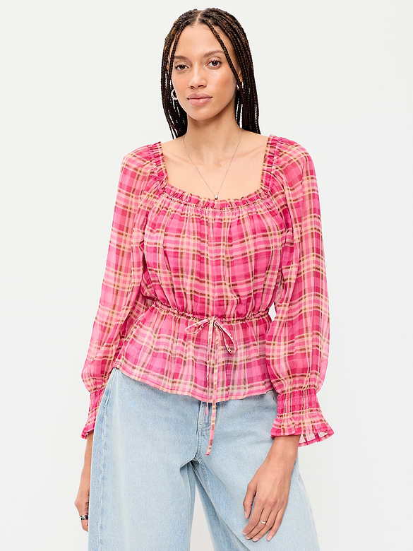 Square-Neck Ruffle-Trimmed Peplum Top