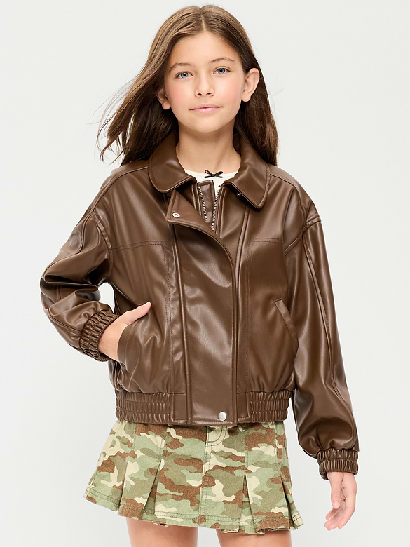 Oversized Water-Resistant Faux-Leather Bomber Jacket for Girls