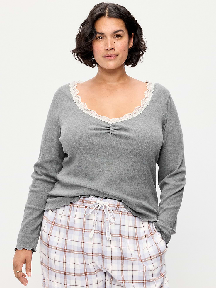 Image 7 of 8, Long-Sleeve Lace Trim T-Shirt