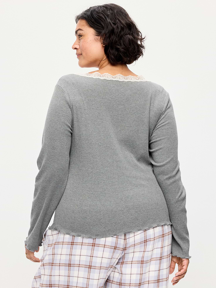 Image 8 of 8, Long-Sleeve Lace Trim T-Shirt