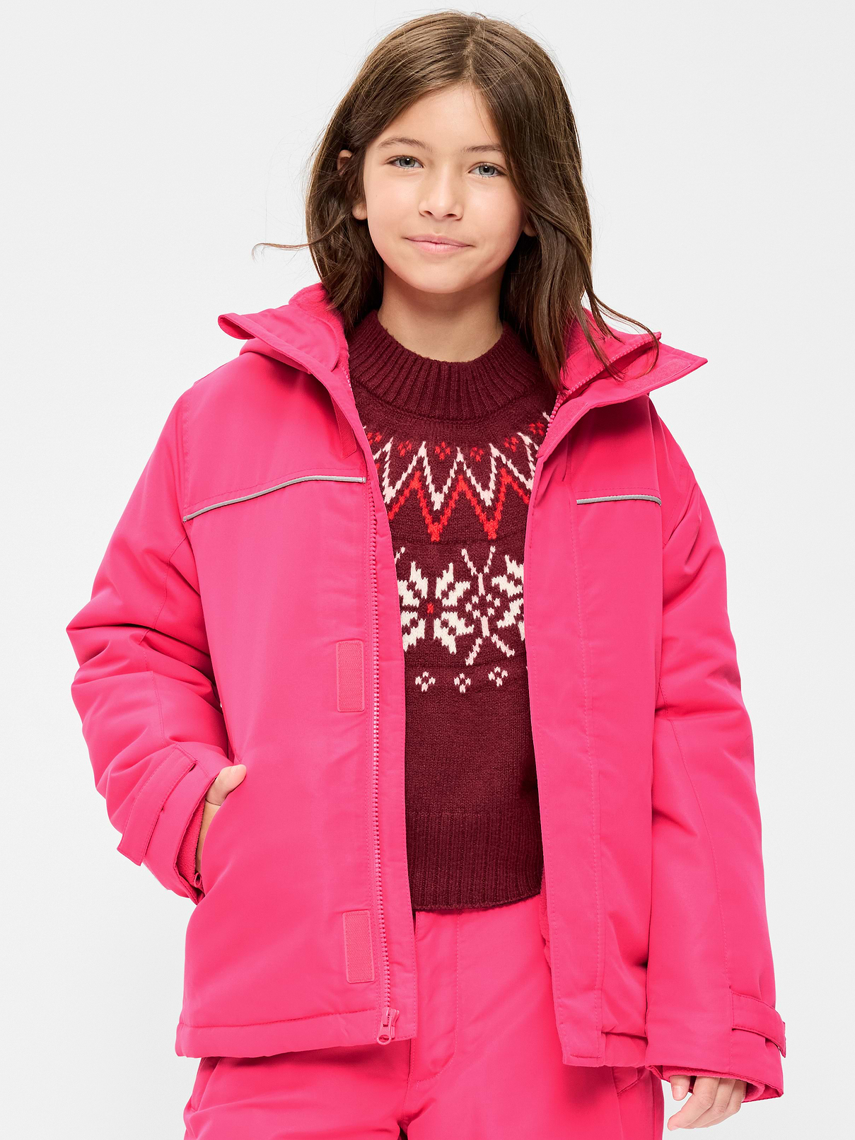Image 1 of 4, built-in hood, standing collar, long sleeves, adhesive secure-close cuffs, full-length zipper, diagonal zippered pockets, interior detachable micro-fleece jacket, water-resistant, Product #908219