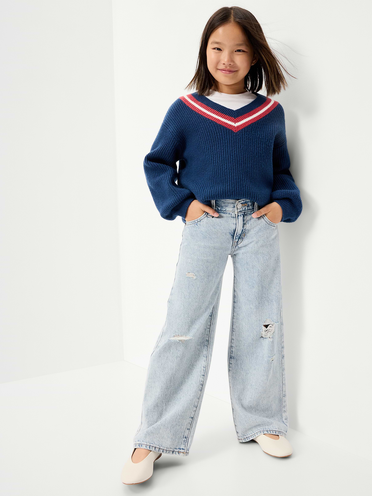 Image 4 of 4, Low-Rise Baggy Ripped Wide-Leg Jeans for Girls