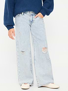 Image 1 of 4, low rise, interior adjustable waistband, snap button closure (sizes 5-8), regular button closure (sizes 10-20), zip fly, scoop pockets and coin pocket, patch pockets at back, slight tears/rips at front for a lived-in feel, wide leg opening, Product #908684