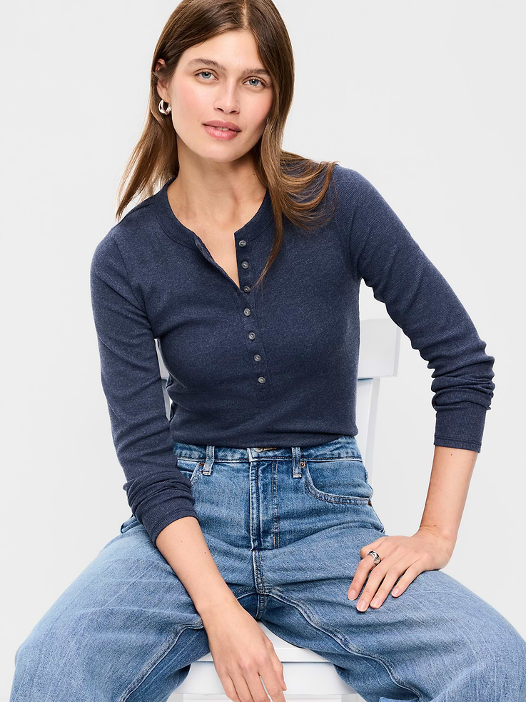 Image 3 of 8, Snug Long-Sleeve Ribbed Henley T-Shirt