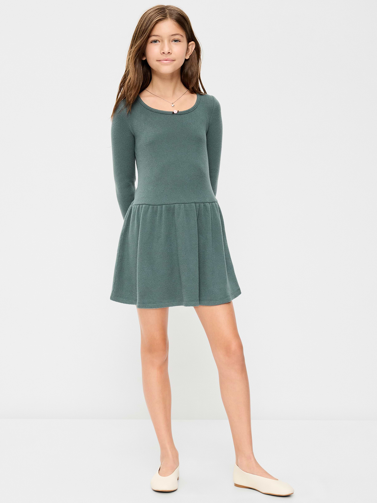 Image 1 of 4, scoop neckline, long sleeves, decorative bow at neckline, drop waist, full skirt, Product #909463