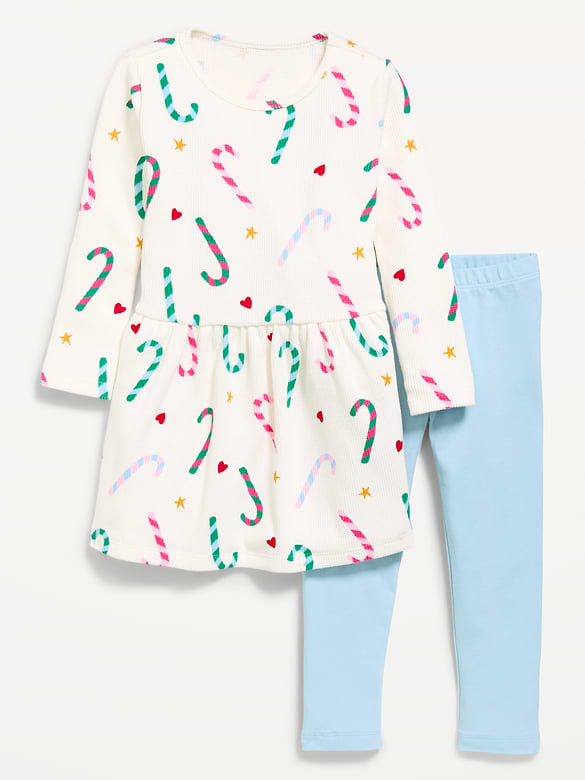Printed Waffle Knit Dress and Leggings Set for Toddler Girls