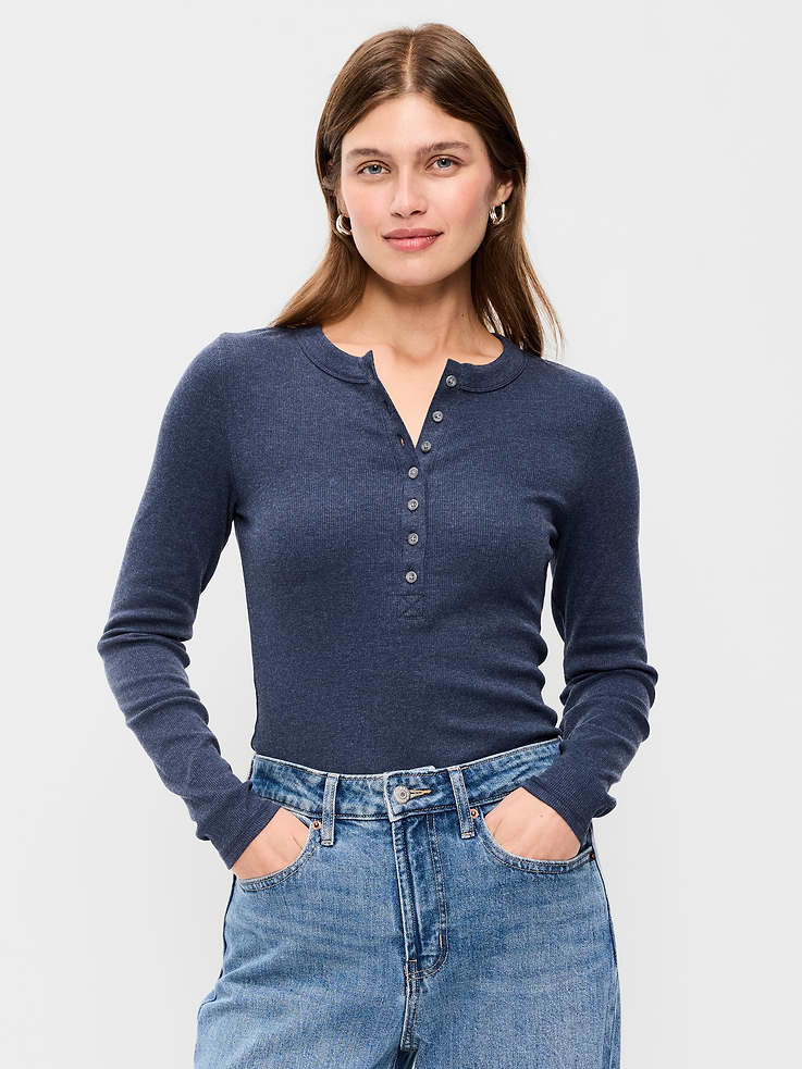 Image 1 of 8, A skimming fit that hugs your bod just right., crew neck, long sleeves, henley placket, Product #909495