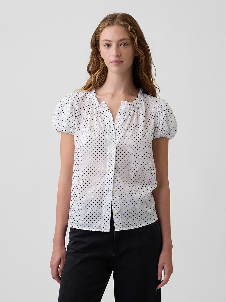 Image 1 of 5, Smooth weave., Short puff sleeves with elasticized cuffs., Ruffle trim at round neckline, button front., Select styles have allover print or plaid., Product #1185226