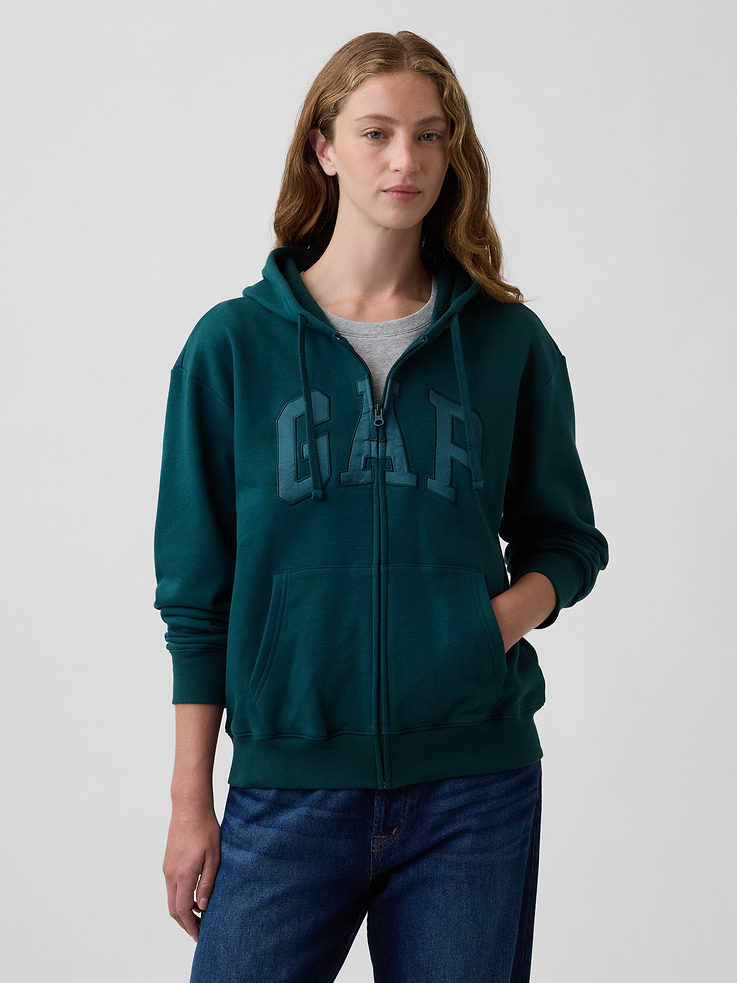 Image 1 of 5, Soft, comfy fleece., Dropped shoulder, long sleeves with banded cuffs., Drawcord ties at hood, zip front., Gap logo at front., Kanga pockets., Banded hem., Note: The dye used in the crafting of this product is prone to crocking, or color transfer. Please avoid contact with light-colored fabric or upholstery., Product #627454
