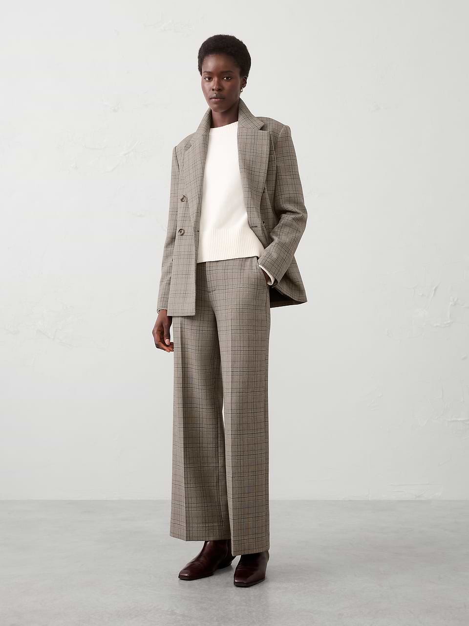 high waisted plaid dress pants Wide-Leg High-Rise Double Weave Pant 16.5