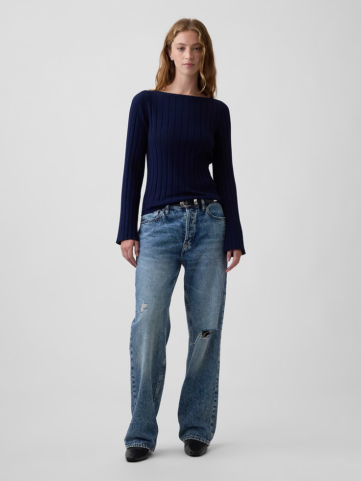 Image number 3 showing, Ribbed Bell Sleeve Boatneck Sweater
