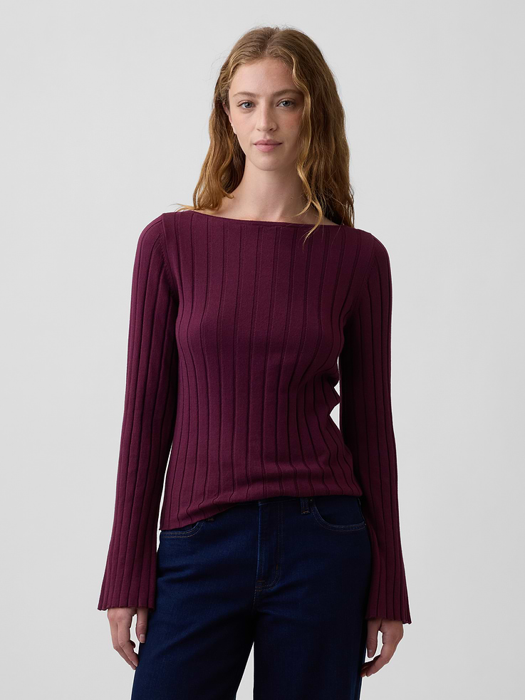 Image number 1 showing, Ribbed Bell Sleeve Boatneck Sweater