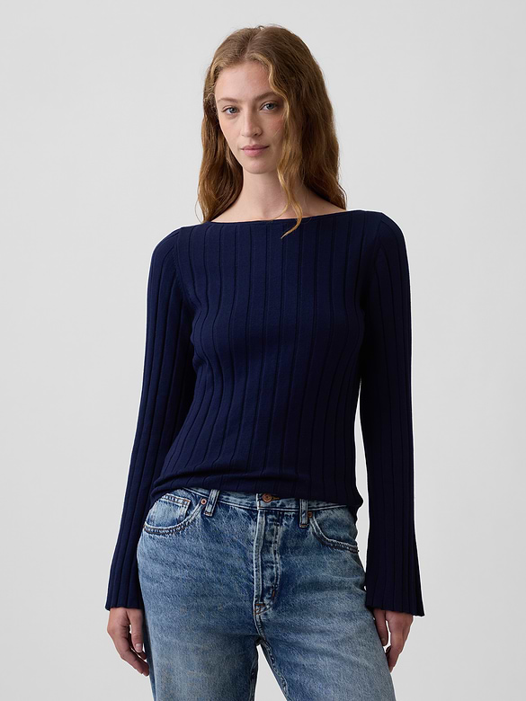 Ribbed Bell Sleeve Boatneck Sweater