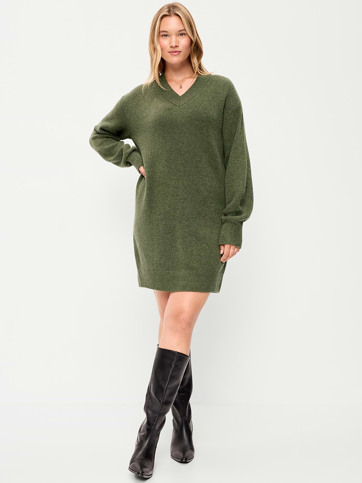 Image 6 of 9, SoSoft Long-Sleeve V-Neck Mini Sweater Dress