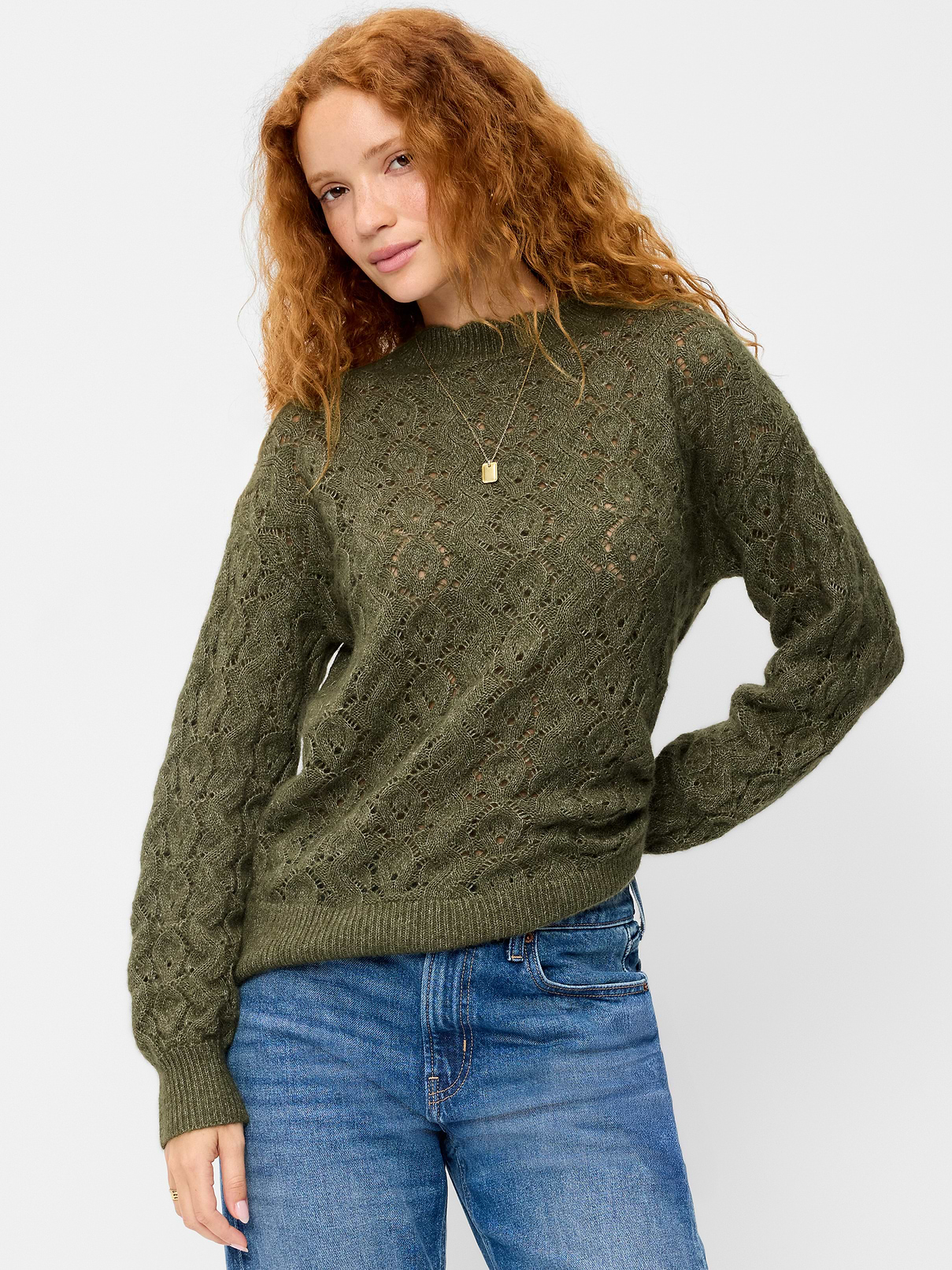 Image 1 of 5, scalloped crew neck, long sleeves, rib-knit cuffs, pullover style, Product #903842