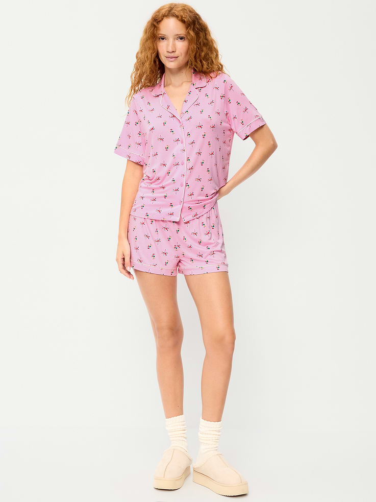 Image 1 of 8, Knit jersey so unbelievably soft and stretchy., set includes pajama shirt and matching shorts, spread collar, short sleeves, full-button front, elastic-waist pull-on shorts, Product #422180