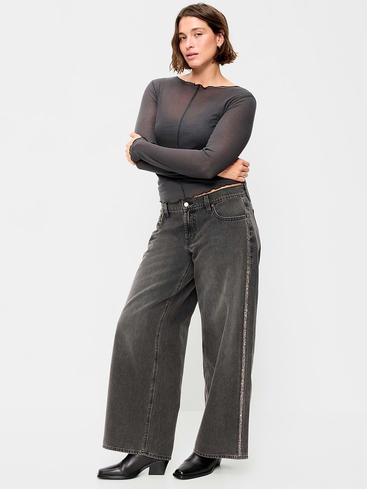 Image 7 of 9, Low-Rise Baggy Wide-Leg Embellished Jeans