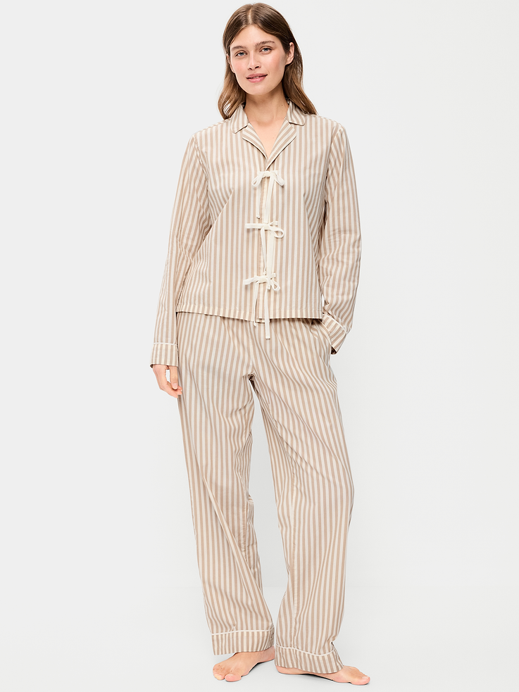 Image 1 of 7, Crisp, breathable cotton that's classic for a reason., set includes pajama shirt and matching bottoms, spread collar, long sleeves, tie-front closure, patch chest pocket, elastic-waist pajama pants, on-seam pockets, allover print varies, Product #910765