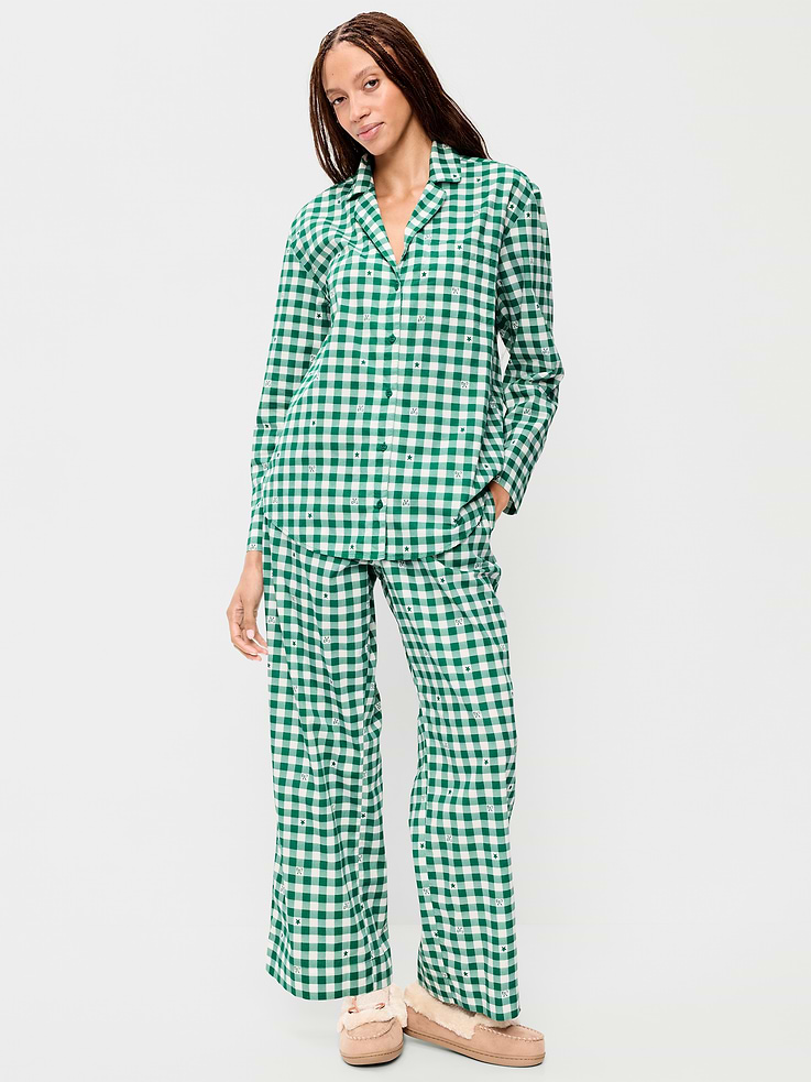 Image 1 of 7, Crisp, breathable cotton that's classic for a reason., set includes pajama shirt and matching bottoms, spread collar, long sleeves, buttoned front, patch chest pocket, elastic-waist pajama pants, decorative button fly, on-seam pockets, allover print varies, Product #889047