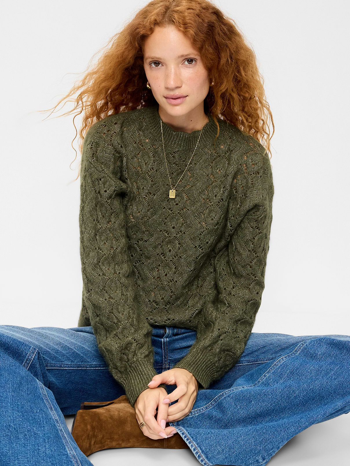 Image 3 of 5, Pointelle Crew-Neck Tunic Sweater, New