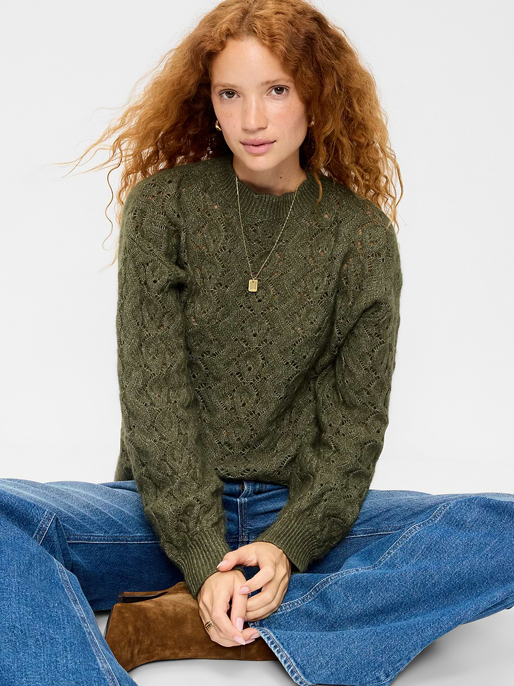 Image 3 of 5, Pointelle Crew-Neck Tunic Sweater