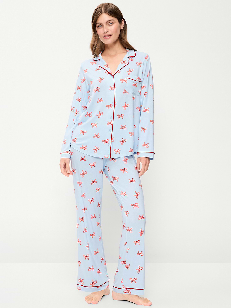 Image 1 of 8, Knit jersey so unbelievably soft and stretchy., set includes pajama shirt and matching bottoms, spread collar, long sleeves, patch chest pocket, full button-front, elastic-waist pajama pants, decorative button fly, Product #422082