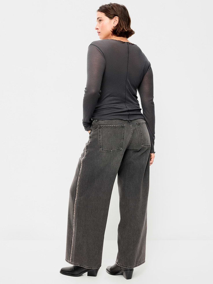Image 8 of 9, Low-Rise Baggy Wide-Leg Embellished Jeans