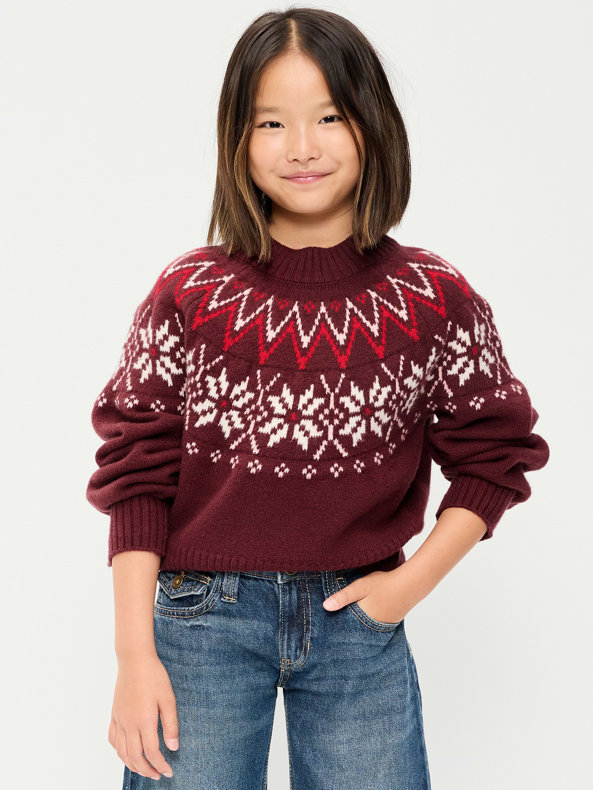 Image 1 of 4, mock neck, long raglan sleeves, fair isle print, rib-knit trim, pullover style, Product #1181570