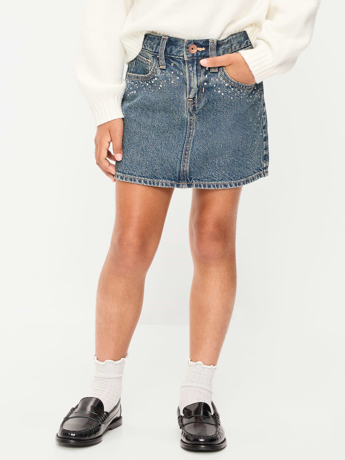 Image 1 of 5, interior adjustable waistband, snap-button closure in sizes 5-8, regular button closure in sizes 10-20, zip fly, scoop pockets and coin pocket in front, patch pockets in back, rhinestone embellishments at front, Product #1183733