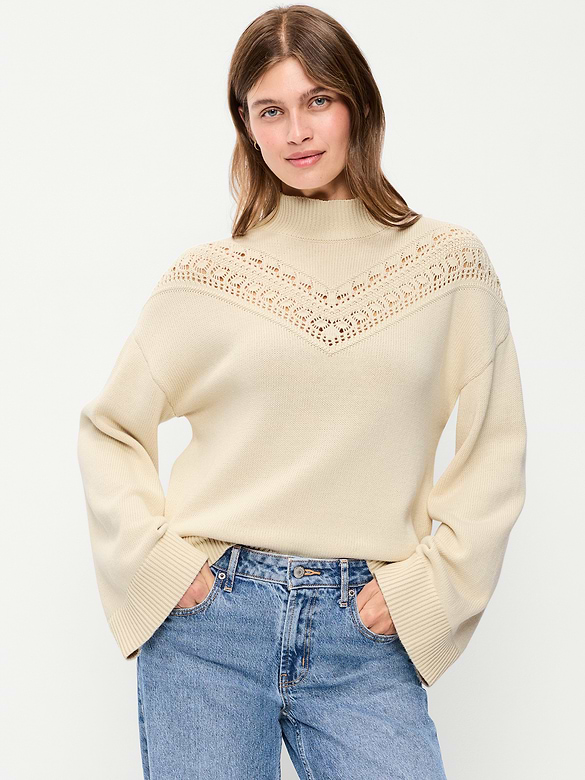 Mock-Neck Lace Inset Sweater