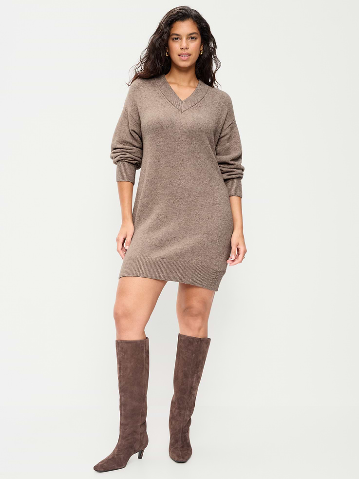 Image 6 of 9, SoSoft Long-Sleeve V-Neck Mini Sweater Dress