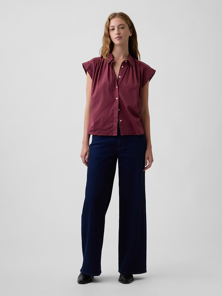 Image 3 of 5, Collared Cap-Sleeve Shirt