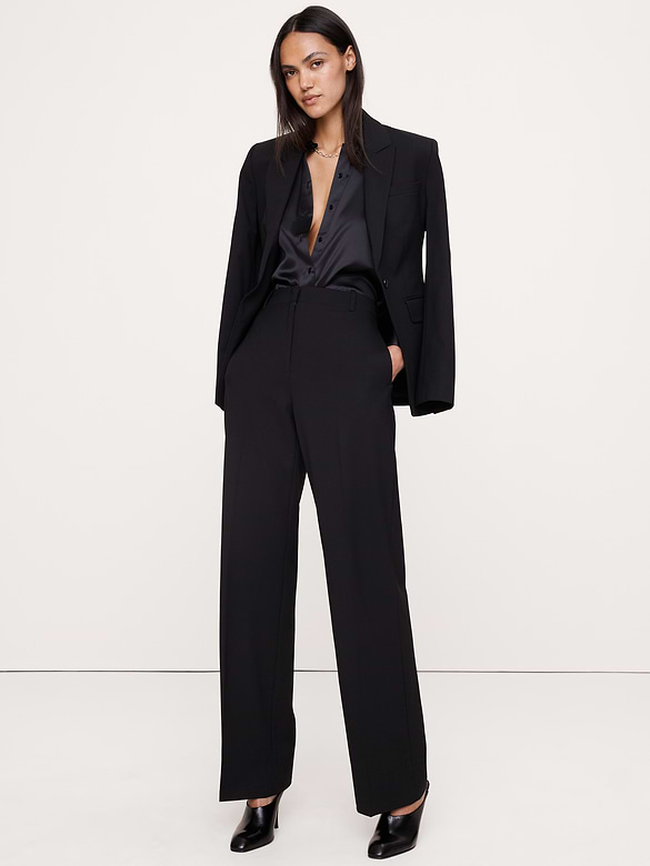 Pantalon droit moderne à taille haute en laine italienne