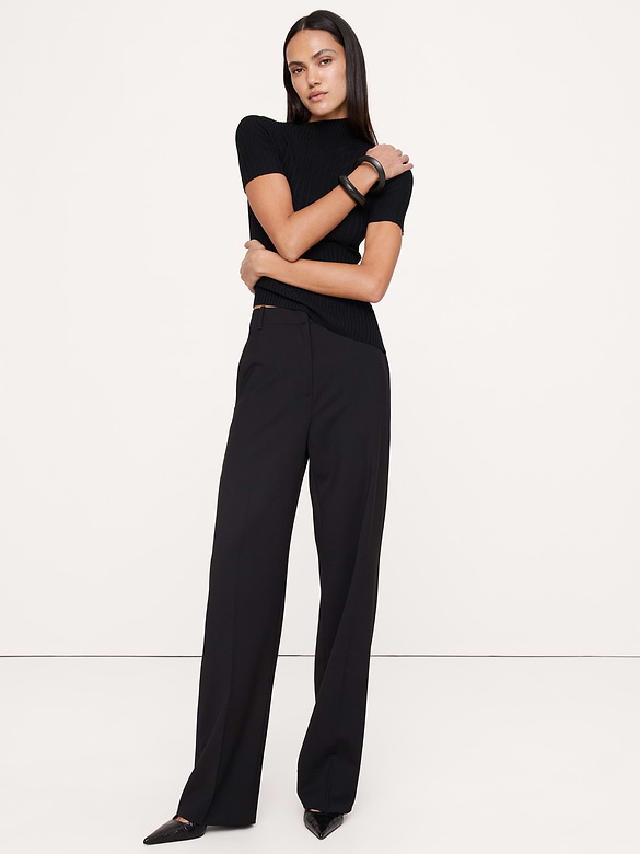 Pantalon droit moderne à taille haute en laine italienne