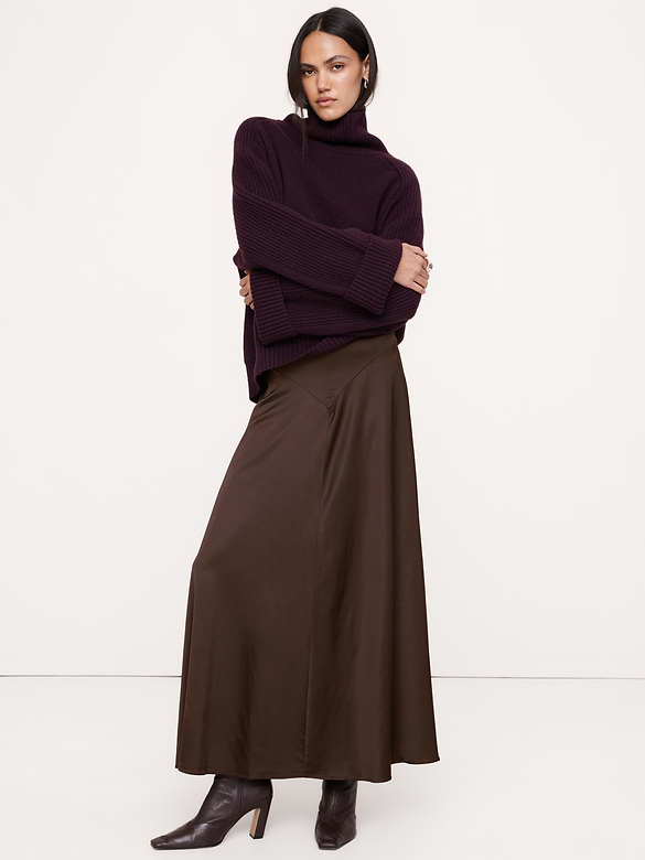 Stretch-Satin Basque-Waist Maxi Skirt