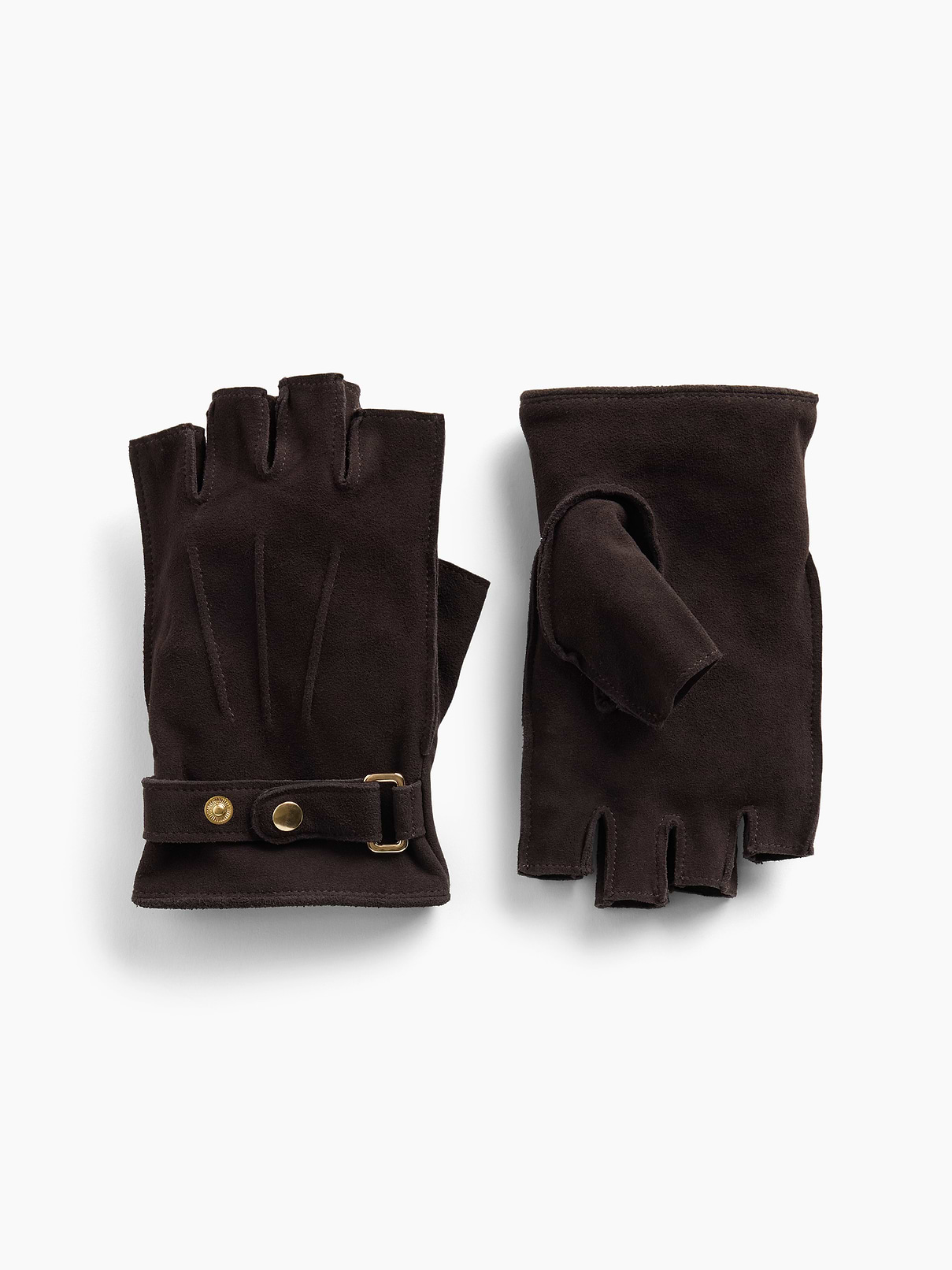 Image 1 of 2, Soft, authentic suede leather fingerless gloves., Buckle detail with snap button closures., Note: This style is prone to crocking or color transfer when wet. Please avoid contact with light-colored fabric or upholstery., Product #913032