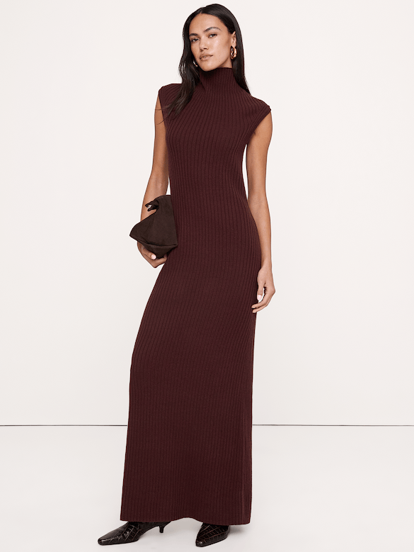 Merino-Cotton Drape-Neck Midi Sweater Dress
